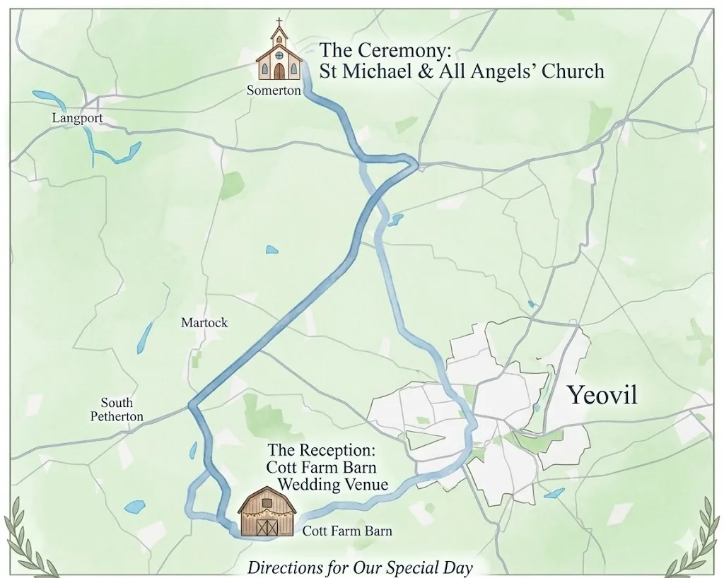 Hand-drawn map showing the route from St Michael & All Angels' Church in Somerton to Cott Farm Barn near Yeovil